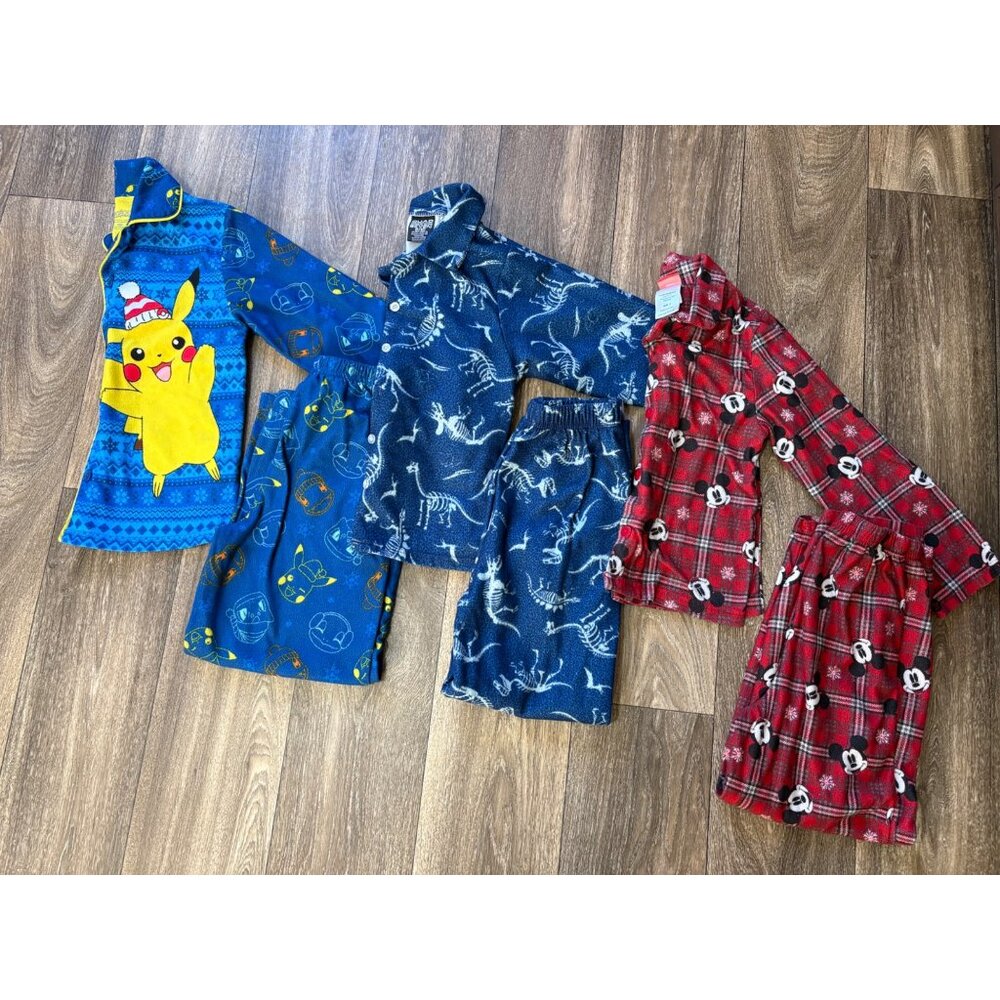 BOYS FLANNEL PAJAMA PANTS SETS SIZE 8 MIXED LOT POKEMON DINOSAUR MICKEY MOUSE
